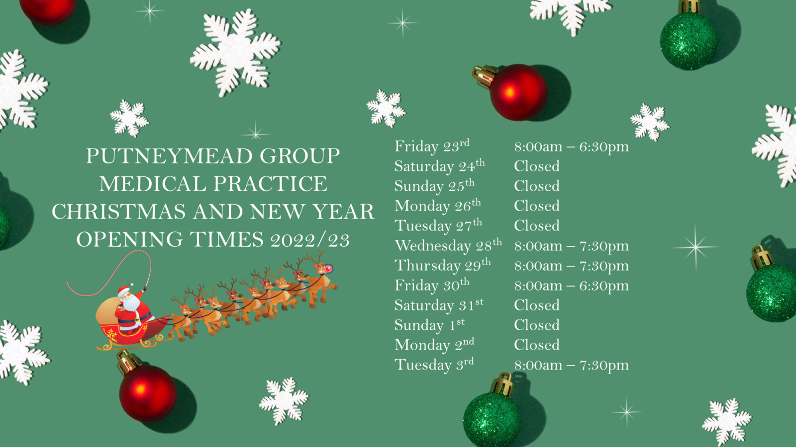 Christmas and New Year's Opening Times